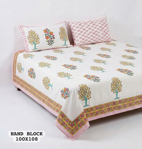 Hand Block King Size Cotton Bedsheet with 2 Zipped Reversable Pillow Covers