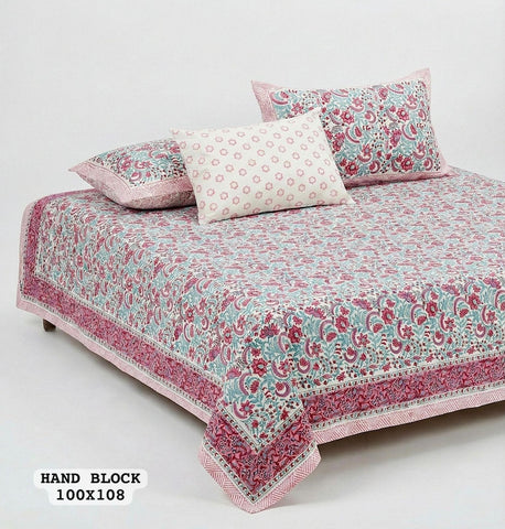 Hand Block King Size Cotton Bedsheet with 2 Zipped Reversable Pillow Covers