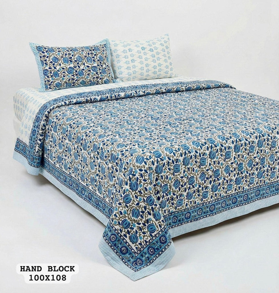 Hand Block King Size Cotton Bedsheet with 2 Zipped Reversable Pillow Covers