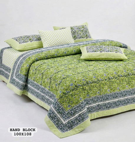 Hand Block King Size Cotton Bedsheet with 2 Zipped Reversable Pillow Covers