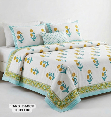 Hand Block King Size Cotton Bedsheet with 2 Zipped Reversable Pillow Covers
