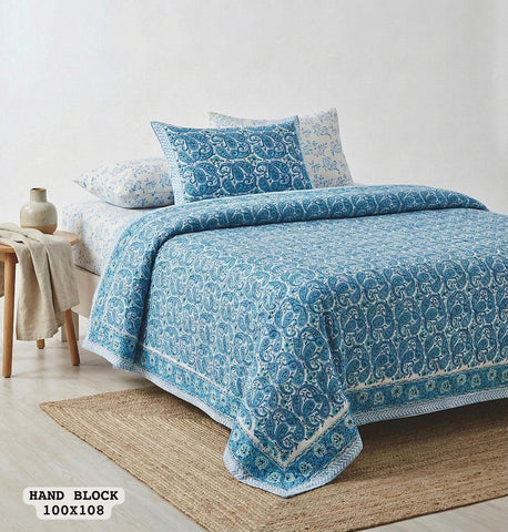 Hand Block King Size Cotton Bedsheet with 2 Zipped Reversable Pillow Covers