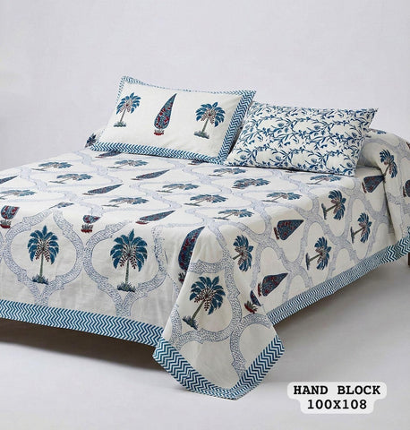 Hand Block King Size Cotton Bedsheet with 2 Zipped Reversable Pillow Covers