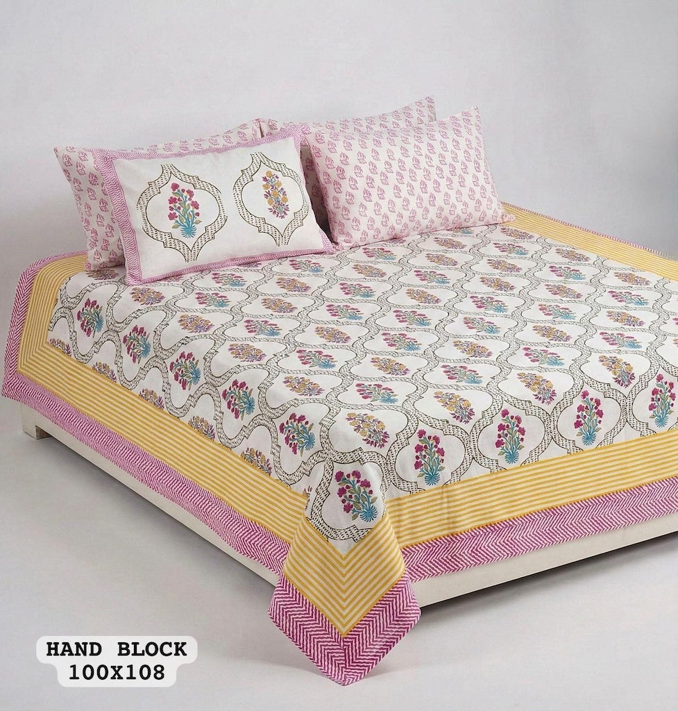 Hand Block King Size Cotton Bedsheet with 2 Zipped Reversable Pillow Covers