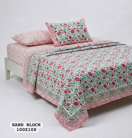 Hand Block King Size Cotton Bedsheet with 2 Zipped Reversable Pillow Covers