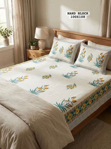 Hand Block King Size Cotton Bedsheet with 2 Zipped Reversable Pillow Covers