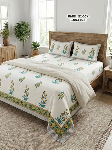 Hand Block King Size Cotton Bedsheet with 2 Zipped Reversable Pillow Covers