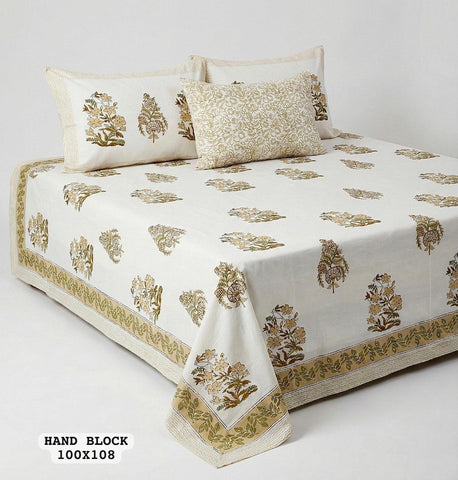 Hand Block King Size Cotton Bedsheet with 2 Zipped Reversable Pillow Covers