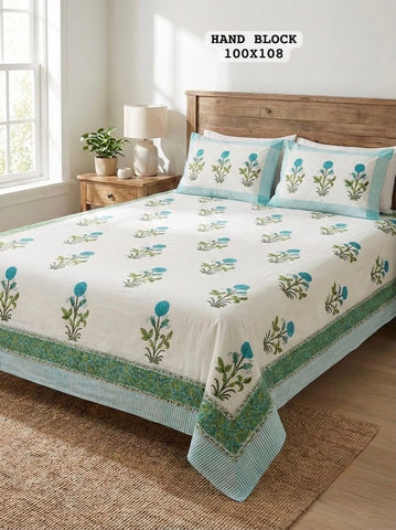 Hand Block King Size Cotton Bedsheet with 2 Zipped Reversable Pillow Covers