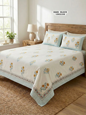 Hand Block King Size Cotton Bedsheet with 2 Zipped Reversable Pillow Covers