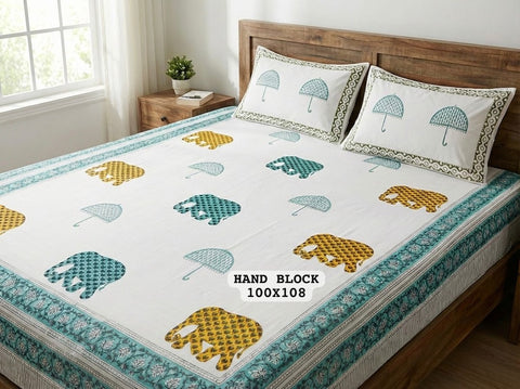 Hand Block King Size Cotton Bedsheet with 2 Zipped Reversable Pillow Covers