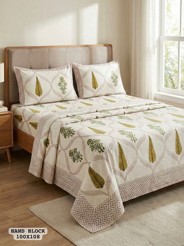 Hand Block King Size Cotton Bedsheet with 2 Zipped Reversable Pillow Covers