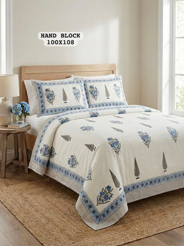 Hand Block King Size Cotton Bedsheet with 2 Zipped Reversable Pillow Covers