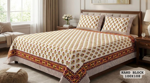 Hand Block King Size Cotton Bedsheet with 2 Zipped Reversable Pillow Covers