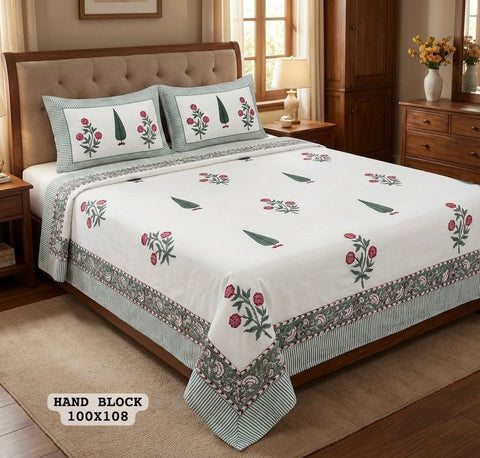 Hand Block King Size Cotton Bedsheet with 2 Zipped Reversable Pillow Covers
