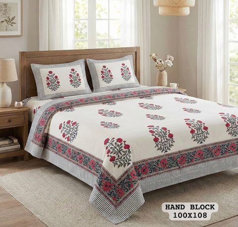 Hand Block King Size Cotton Bedsheet with 2 Zipped Reversable Pillow Covers