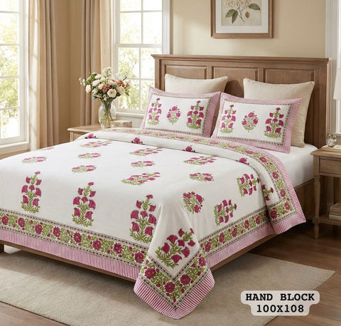 Hand Block King Size Cotton Bedsheet with 2 Zipped Reversable Pillow Covers