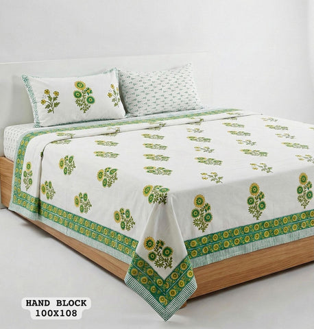 Hand Block King Size Cotton Bedsheet with 2 Zipped Reversable Pillow Covers