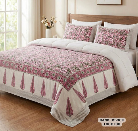 Hand Block King Size Cotton Bedsheet with 2 Zipped Reversable Pillow Covers