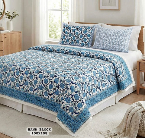 Hand Block King Size Cotton Bedsheet with 2 Zipped Reversable Pillow Covers