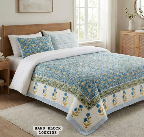 Hand Block King Size Cotton Bedsheet with 2 Zipped Reversable Pillow Covers