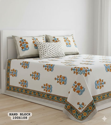 Hand Block King Size Cotton Bedsheet with 2 Zipped Reversable Pillow Covers