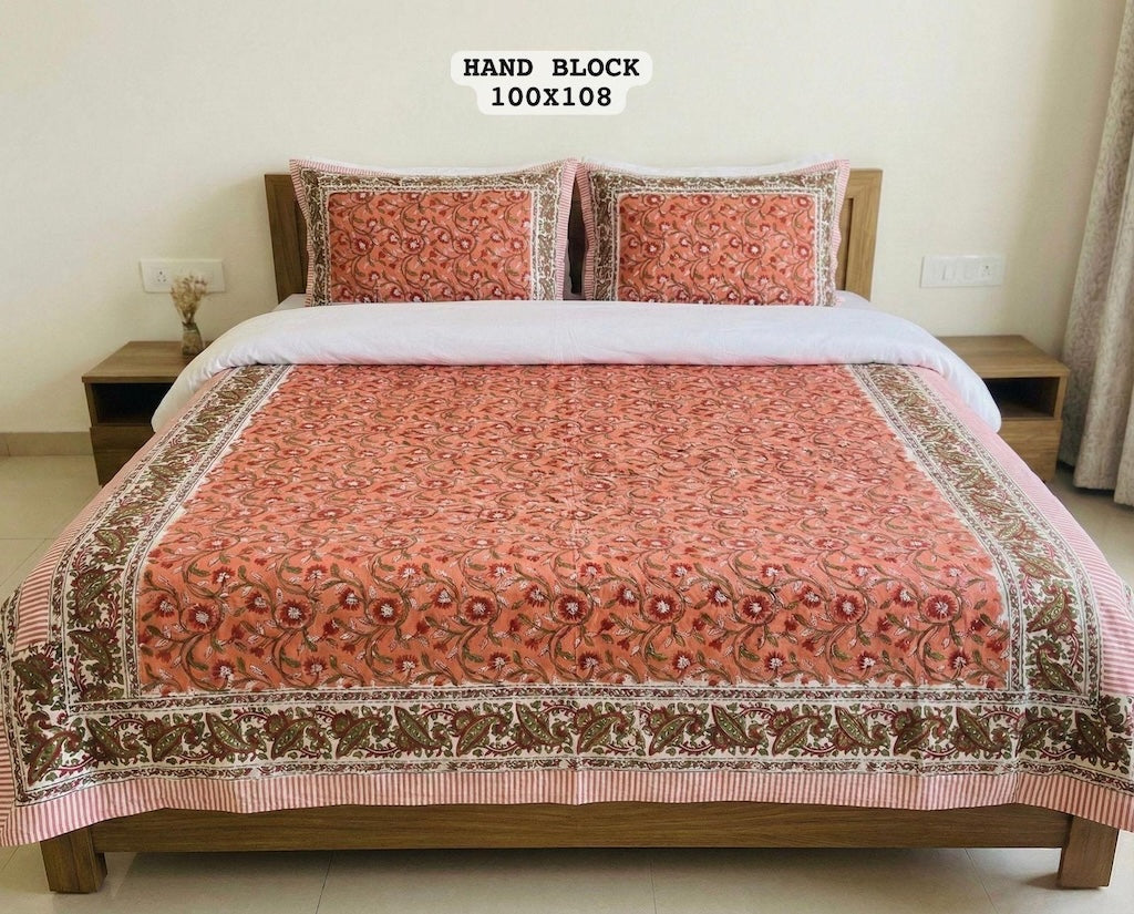 Hand Block King Size Cotton Bedsheet with 2 Zipped Reversable Pillow Covers