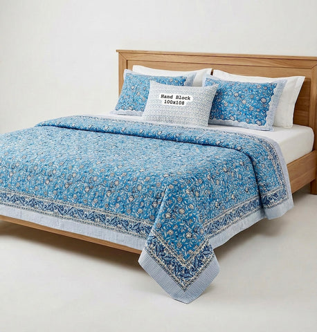 Hand Block King Size Cotton Bedsheet with 2 Zipped Reversable Pillow Covers