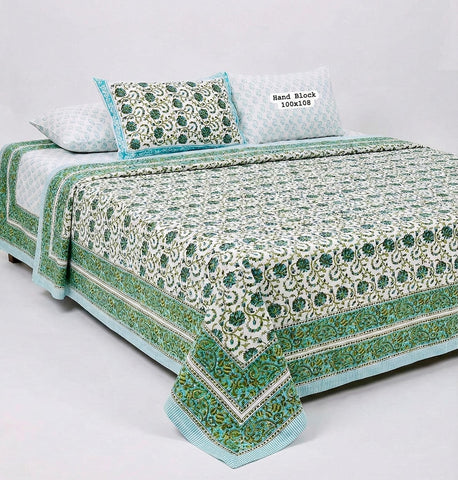 Hand Block King Size Cotton Bedsheet with 2 Zipped Reversable Pillow Covers