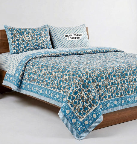 Hand Block King Size Cotton Bedsheet with 2 Zipped Reversable Pillow Covers