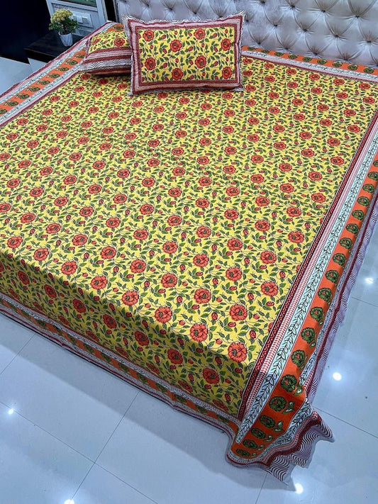 Premium Jaipuri Printed King Size Bedsheet with 2 Zipped Pillow Cover