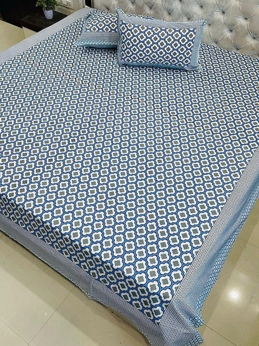 Premium Jaipuri Printed King Size Bedsheet with 2 Zipped Pillow Cover