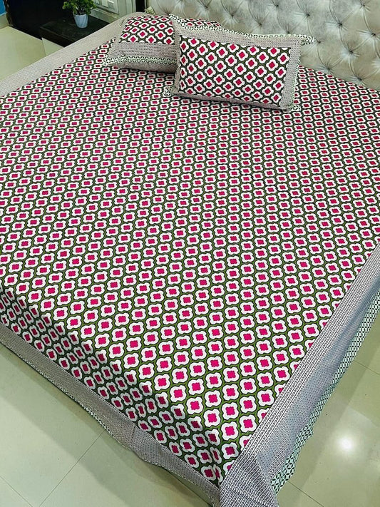 Premium Jaipuri Printed King Size Bedsheet with 2 Zipped Pillow Cover