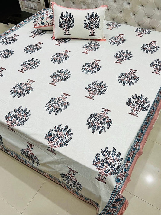 Premium Jaipuri Printed King Size Bedsheet with 2 Zipped Pillow Cover .