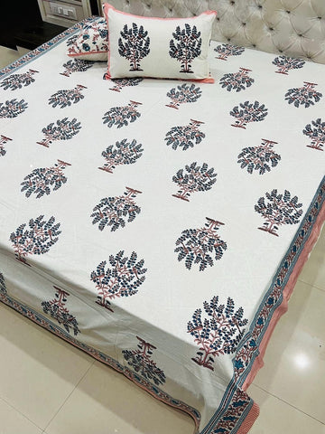 Premium Jaipuri Printed King Size Bedsheet with 2 Zipped Pillow Cover .