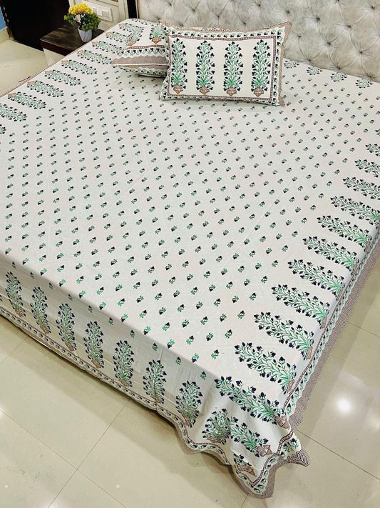 Premium Jaipuri Printed King Size Bedsheet with 2 Zipped Pillow Cover