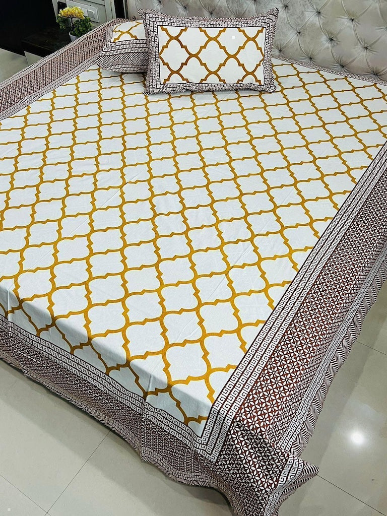 Premium Jaipuri Printed King Size Bedsheet with 2 Zipped Pillow Cover