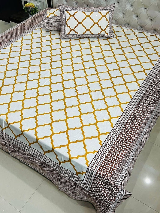 Premium Jaipuri Printed King Size Bedsheet with 2 Zipped Pillow Cover