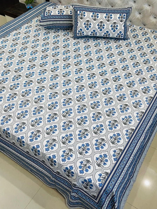 Premium Jaipuri Printed King Size Bedsheet with 2 Zipped Pillow Cover