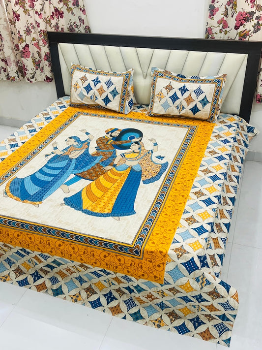 Premium Rajasthani Barmeri Print King Size Bedsheet with 2 Pillow Cover