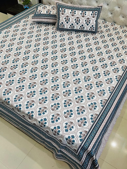 Premium Jaipuri Printed King Size Bedsheet with 2 Zipped Pillow Cover