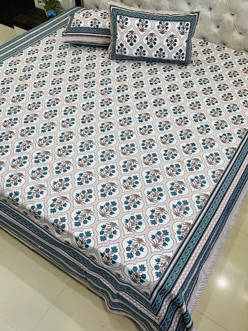 Premium Jaipuri Printed King Size Bedsheet with 2 Zipped Pillow Cover