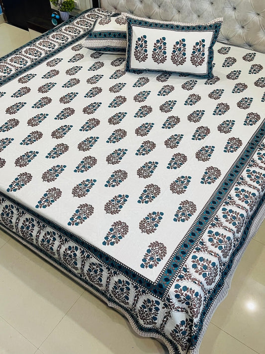 Premium Jaipuri Printed King Size Bedsheet with 2 Zipped Pillow Cover