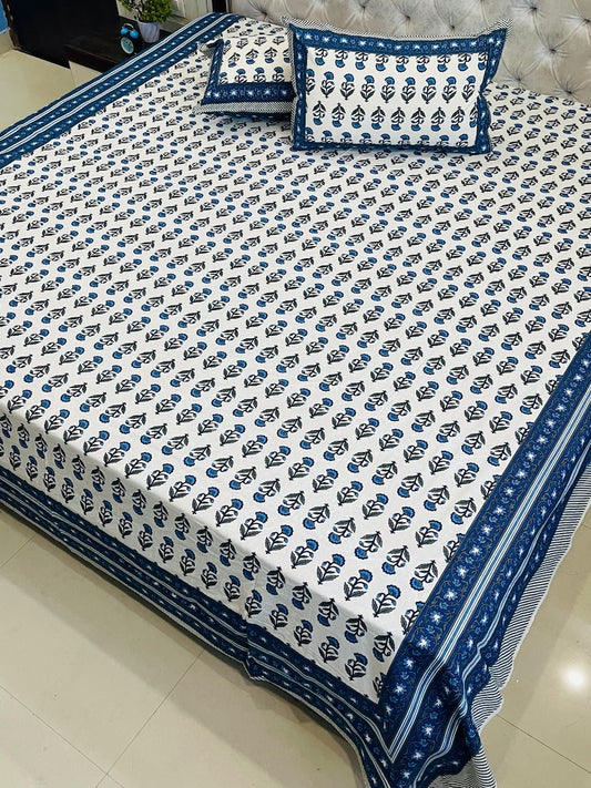 Premium Jaipuri Printed King Size Bedsheet with 2 Zipped Pillow Cover