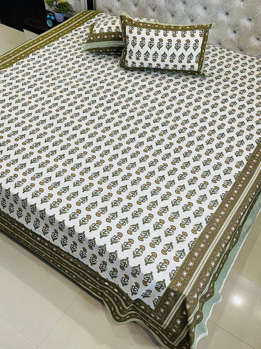 Premium Jaipuri Printed King Size Bedsheet with 2 Zipped Pillow Cover
