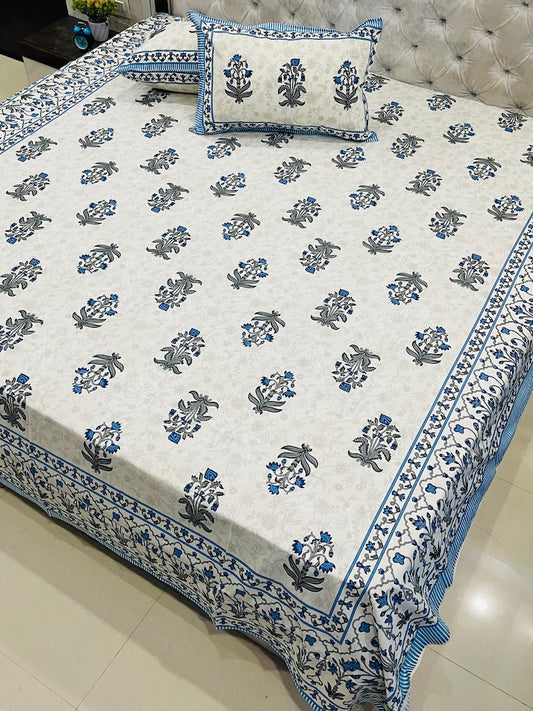 Premium Jaipuri Printed King Size Bedsheet with 2 Zipped Pillow Cover