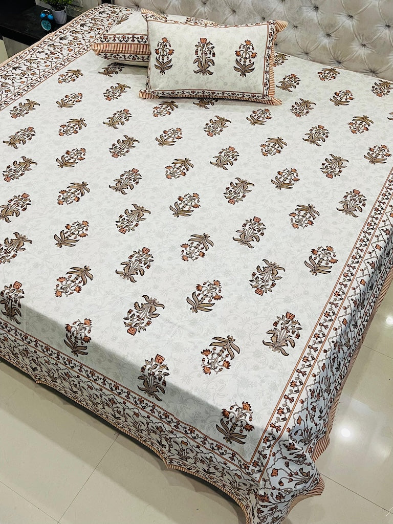 Premium Jaipuri Printed King Size Bedsheet with 2 Zipped Pillow Cover