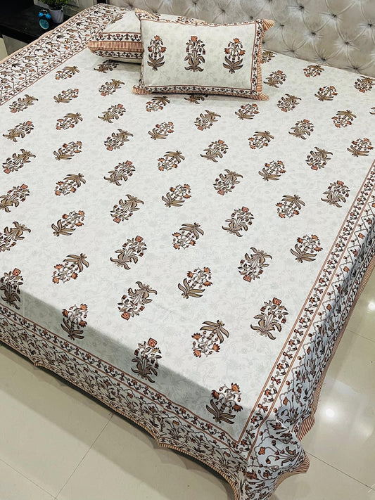 Premium Jaipuri Printed King Size Bedsheet with 2 Zipped Pillow Cover