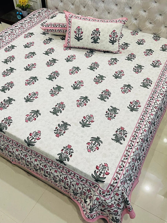 Premium Jaipuri Printed King Size Bedsheet with 2 Zipped Pillow Cover