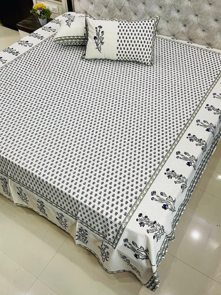 Premium Jaipuri Printed King Size Bedsheet with 2 Zipped Pillow Cover